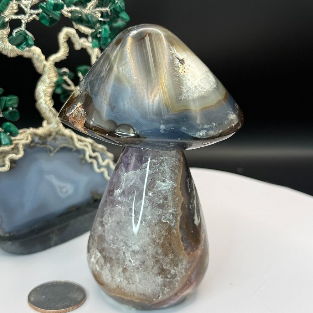 Blue Agate Geode Amethyst Quartz Mushroom Crystal Carving Brazil  4.5" Tall Druz